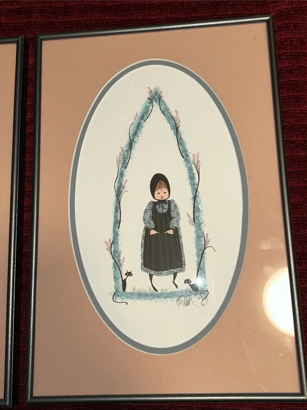 P. Buckley Moss Professionally Framed Amish Boy Adam and Girl with Black Cats